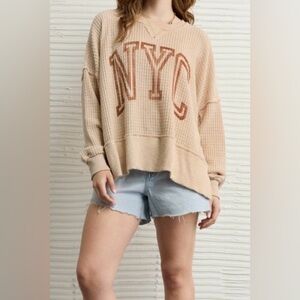 NYC Waffle Knit Pullover - Beige with Rust Lettering